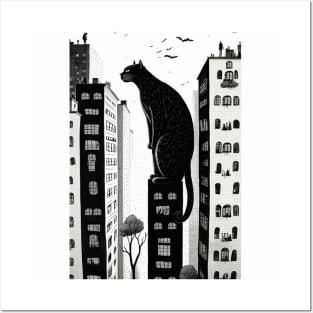 Big City Cat Looking into Peoples Windows Black and White Illustration Posters and Art